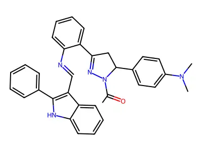 1H-Pyrazole, 1-acetyl-5-(4-(dimethylamino)phenyl)-4,5-dihydro-3-(2-(((2-phenyl-1H-indol-3-yl)methylene)amino)phenyl)- structure