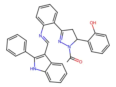 1H-Pyrazole, 1-acetyl-4,5-dihydro-5-(2-hydroxyphenyl)-3-(2-(((2-phenyl-1H-indol-3-yl)methylene)amino)phenyl)- structure