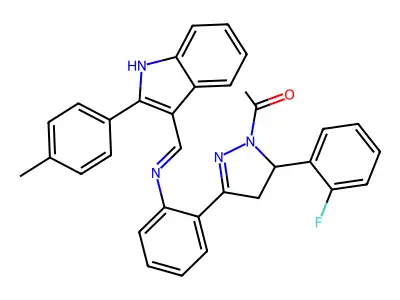 1H-Pyrazole, 1-acetyl-4,5-dihydro-5-(2-fluorophenyl)-3-(2-(((4-methylphenyl)-1H-indol-3-yl)methylene)amino)phenyl)- structure