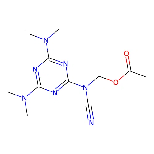 {[4,6-Bis(dimethylamino)-1,3,5-triazin-2-yl](cyano)amino}methyl acetate structure
