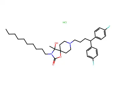 1-Oxa-3,8-diazaspiro(4.5)decan-2-one, 8-(4,4-bis(4-fluorophenyl)butyl)-3-decyl-4-hydroxy-4-methyl-, monohydrochloride structure