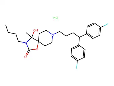 1-Oxa-3,8-diazaspiro(4.5)decan-2-one, 8-(4,4-bis(4-fluorophenyl)butyl)-3-butyl-4-hydroxy-4-methyl-, monohydrochloride structure