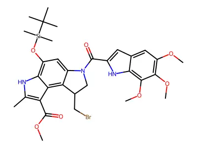 Benzo(1,2-b:4,3-b')dipyrrole-1-carboxylic acid, 3,6,7,8-tetrahydro-8-(bromomethyl)-4-(((1,1-dimethylethyl)dimethylsilyl)oxy)-2-methyl-6-((5,6,7-trimethoxy-1H-indol-2-yl)carbonyl)-, methyl ester structure