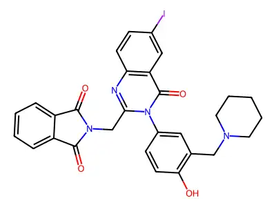 1H-Isoindole-1,3(2H)-dione, 2-((3,4-dihydro-3-(4-hydroxy-3-(1-piperidinylmethyl)phenyl)-6-iodo-4-oxo-2-quinazolinyl)methyl)- structure