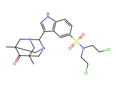 1H-Indole-5-sulfonamide, N,N-bis(2-chloroethyl)-3-(5,7-dimethyl-6-oxo-1,3-diazatricyclo(3.3.1.1(sup 3,7))dec-2-yl)- structure
