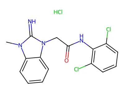 1H-Benzimidazole-1-acetamide, 2,3-dihydro-N-(2,6-dichlorophenyl)-2-imino-3-methyl-, monohydrochloride structure