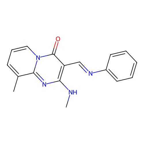 9-methyl-2-(methylamino)-3-[(E)-(phenylimino)methyl]-4H-pyrido[1,2-a]pyrimidin-4-one structure