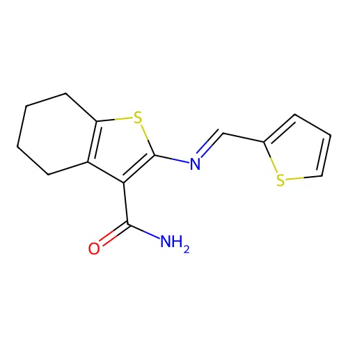 2-[(2-thienylmethylene)amino]-4,5,6,7-tetrahydro-1-benzo[b]thiophene-3-carboxamide structure