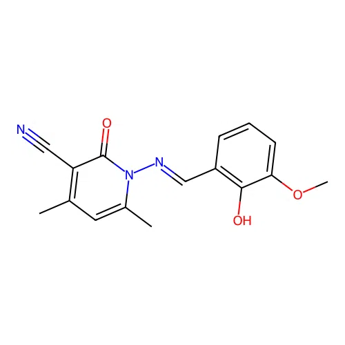 1-[(2-hydroxy-3-methoxybenzylidene)amino]-4,6-dimethyl-2-oxo-1,2-dihydro-3-pyridinecarbonitrile structure