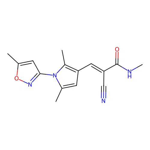 2-cyano-3-[2,5-dimethyl-1-(5-methyl-1,2-oxazol-3-yl)-1H-pyrrol-3-yl]-N-methylprop-2-enamide structure