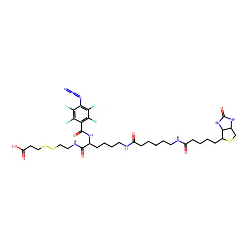 2-[N2-(4-Azido-2,3,5,6-tetrafluorobenzoyl)-N6-(6 -biotinamidocaproyl)-L-lysinyl]ethyl 2-Carboxyethyl Disulfide structure
