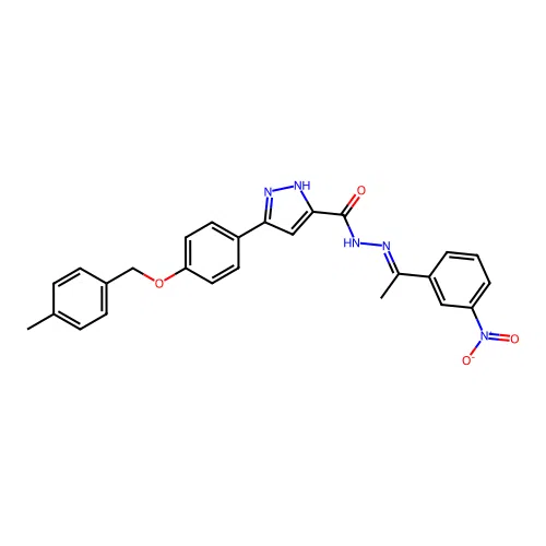(E)-3-(4-((4-methylbenzyl)oxy)phenyl)-N'-(1-(3-nitrophenyl)ethylidene)-1H-pyrazole-5-carbohydrazide structure