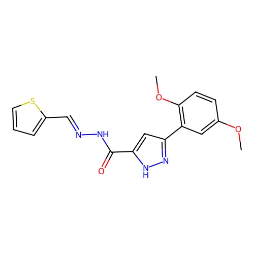 (E)-3-(2,5-dimethoxyphenyl)-N'-(thiophen-2-ylmethylene)-1H-pyrazole-5-carbohydrazide structure