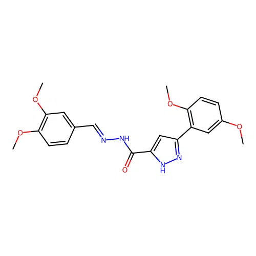 (E)-N'-(3,4-dimethoxybenzylidene)-3-(2,5-dimethoxyphenyl)-1H-pyrazole-5-carbohydrazide structure