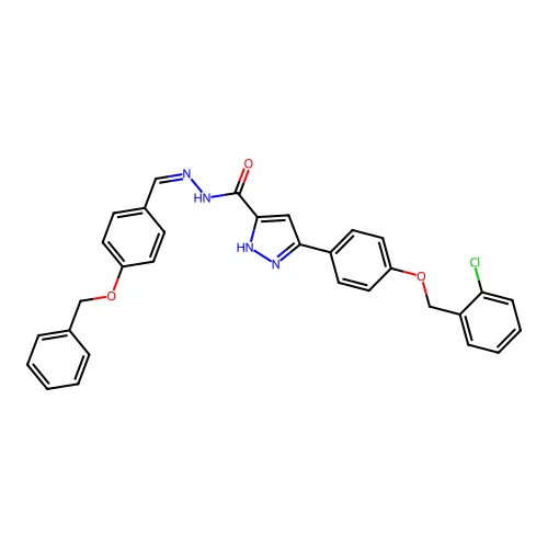 3-[4-[(2-chlorophenyl)methoxy]phenyl]-N-[(Z)-(4-phenylmethoxyphenyl)methylideneamino]-1H-pyrazole-5-carboxamide structure