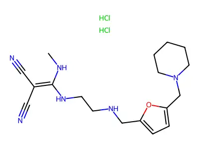 Propanedinitrile, ((methylamino)((2-(((5-(1-piperidinylmethyl)-2-furanyl)methyl)amino)ethyl)amino)methylene)-, hydrochloride, hydrate (1:2:1) structure