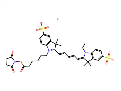 potassium;2-[5-[1-[6-(2,5-dioxopyrrolidin-1-yl)oxy-6-oxohexyl]-3,3-dimethyl-5-sulfonatoindol-1-ium-2-yl]penta-2,4-dienylidene]-1-ethyl-3,3-dimethylindole-5-sulfonate structure