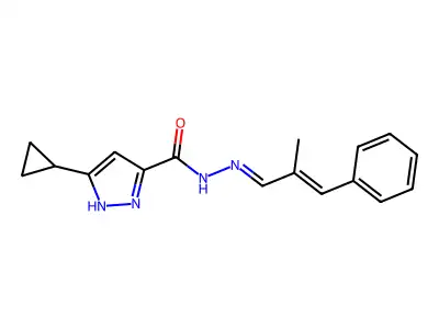 5-cyclopropyl-N-[[(E)-2-methyl-3-phenylprop-2-enylidene]amino]-1H-pyrazole-3-carboxamide structure