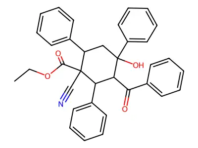 Ethyl 3-benzoyl-1-cyano-4-hydroxy-2,4,6-triphenylcyclohexanecarboxylate structure