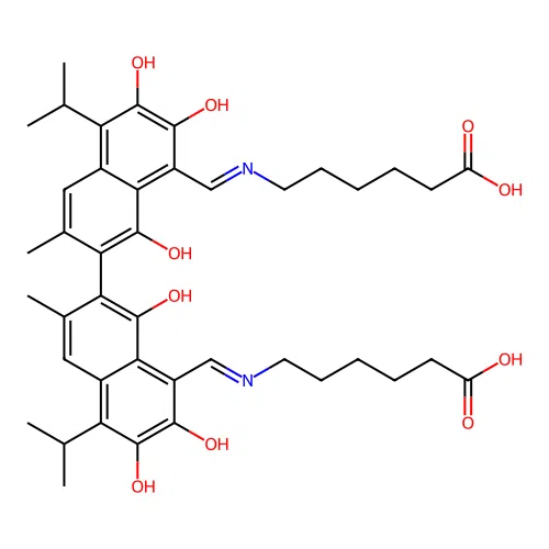 6,6'-(((1Z,1'Z)-(1,1',6,6'-tetrahydroxy-5,5'-diisopropyl-3,3'-dimethyl-7,7'-dioxo-[2,2'-binaphthalene]-8,8'(7H,7'H)-diylidene)bis(methanylylidene))bis(azanediyl))dihexanoic acid structure