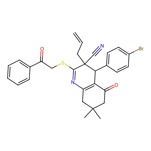 3-allyl-4-(4-bromophenyl)-7,7-dimethyl-5-oxo-2-((2-oxo-2-phenylethyl)thio)-3,4,5,6,7,8-hexahydroquinoline-3-carbonitrile structure