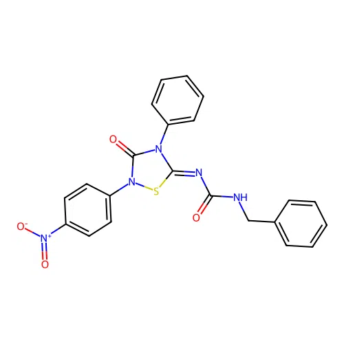 1-Benzyl-3-[2-(4-nitro-phenyl)-3-oxo-4-phenyl-[1,2,4]thiadiazolidin-(5Z)-ylidene]-urea structure