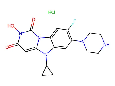 Pyrimido(1,6-a)benzimidazole-1,3(2H,5H)-dione, 5-cyclopropyl-8-fluoro-2-hydroxy-7-(1-piperazinyl)-, monohydrochloride structure