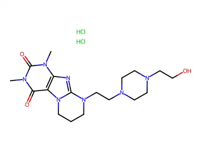 Pyrimido(2,1-f)purine-2,4(1H,3H)-dione, 6,7,8,9-tetrahydro-1,3-dimethyl-9-(2-(4-(2-hydroxyethyl)-1-piperazinyl)ethyl)-, dihydrochloride structure