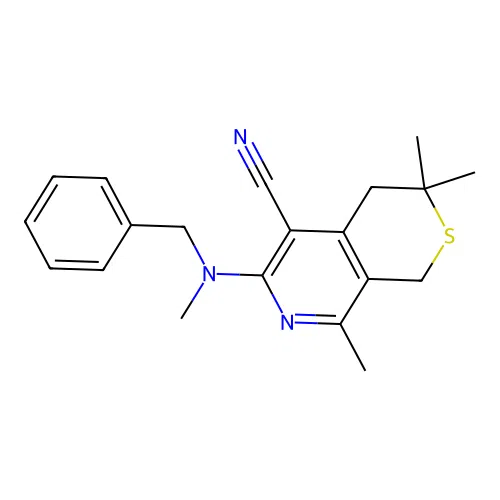 3-(benzyl-methyl-amino)-5,9,9-trimethyl-8-thia-4-azabicyclo[4.4.0]deca-1,3,5-triene-2-carbonitrile structure
