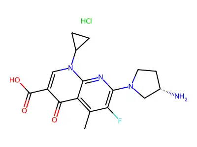 1,8-Naphthyridine-3-carboxylic acid, 7-(3-amino-1-pyrrolidinyl)-1-cyclopropyl-6-fluoro-1,4-dihydro-5-methyl-4-oxo-, monohydrochloride, (S)- structure
