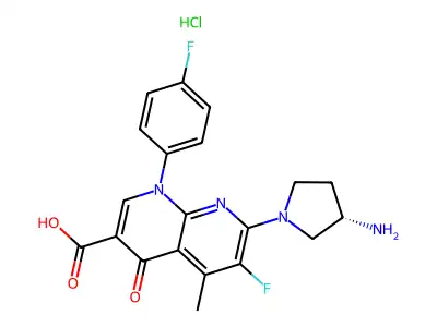 1,8-Naphthyridine-3-carboxylic acid, 1,4-dihydro-7-(3-amino-1-pyrrolidinyl)-6-fluoro-1-(4-fluorophenyl)-5-methyl-4-oxo-, hydrochloride, hydrate (1:1:1), (S)- structure