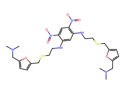 N,N'-Bis(2-(5-(dimethylaminomethyl)-2-furanyl)methylthioethyl)-4,6-dinitro-1,3-benzenediamine structure