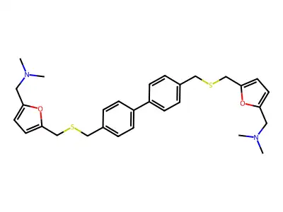 2-Furanmethanamine, 5,5'-((1,1'-biphenyl)-4,4'-diylbis(methylenethiomethylene))bis(N,N-dimethyl- structure