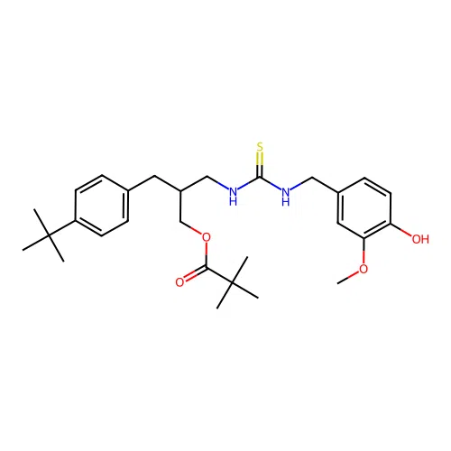 [2-[(4-tert-butylphenyl)methyl]-3-[(4-hydroxy-3-methoxyphenyl)methylcarbamothioylamino]propyl] 2,2-dimethylpropanoate structure