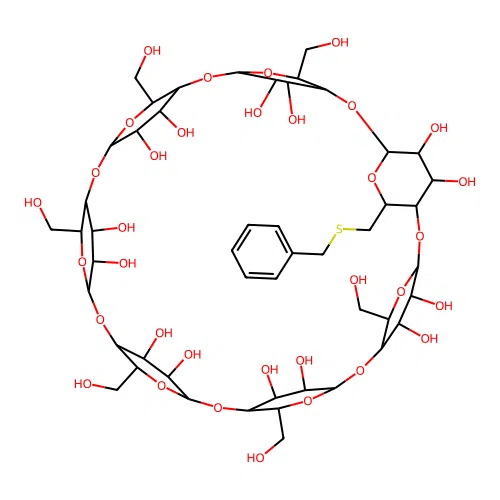 Potassium tris(6-benzylthio-6-deoxy)-beta-cyclodextrin hexadecasulfate structure