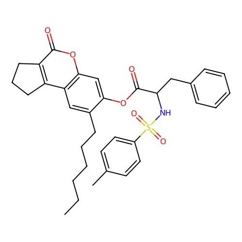 8-hexyl-4-oxo-1,2,3,4-tetrahydrocyclopenta[c]chromen-7-yl 2-(4-methylphenylsulfonamido)-3-phenylpropanoate structure