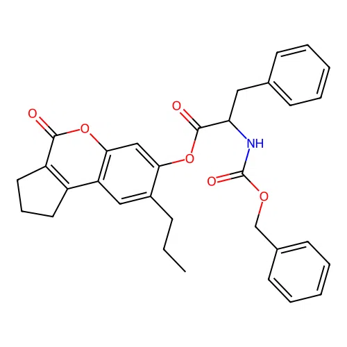 4-oxo-8-propyl-1,2,3,4-tetrahydrocyclopenta[c]chromen-7-yl 2-(((benzyloxy)carbonyl)amino)-3-phenylpropanoate structure