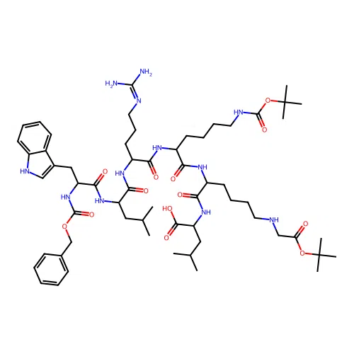 2-[[2-[[2-[[5-(diaminomethylideneamino)-2-[[2-[[3-(1H-indol-3-yl)-2-(phenylmethoxycarbonylamino)propanoyl]amino]-4-methylpentanoyl]amino]pentanoyl]amino]-6-[(2-methylpropan-2-yl)oxycarbonylamino]hexanoyl]amino]-6-[[2-[(2-methylpropan-2-yl)oxy]-2-oxoethyl]amino]hexanoyl]amino]-4-methylpentanoic acid structure