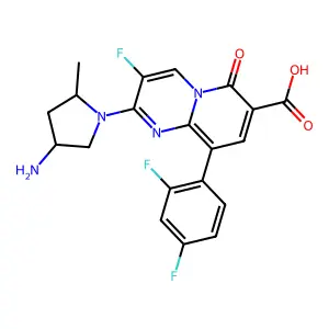 2-[(2S,4S)-4-amino-2-methyl-pyrrolidin-1-yl]-9-(2,4-difluorophenyl)-3-fluoro-6-oxo-pyrido[1,2-a]pyrimidine-7-carboxylic acid structure