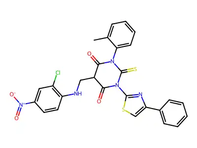 4,6(1H,5H)-Pyrimidinedione, dihydro-5-(((2-chloro-4-nitrophenyl)amino)methyl)-1-(2-methylphenyl)-3-(4-phenyl-2-thiazolyl)-2-thioxo- structure