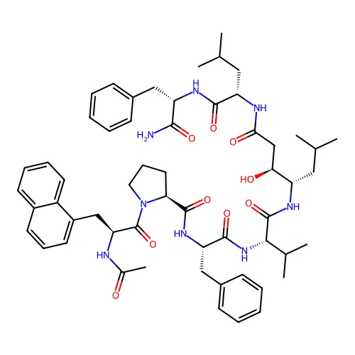 (2S)-1-[(2S)-2-acetamido-3-(1-naphthyl)propanoyl]-N-[(1S)-2-[[(1S)-1-[[(1S,2S)-4-[[(1S)-1-[[(1S)-2-amino-1-benzyl-2-oxo-ethyl]carbamoyl]-3-methyl-butyl]amino]-2-hydroxy-1-isobutyl-4-oxo-butyl]carbamoyl]-2-methyl-propyl]amino]-1-benzyl-2-oxo-ethyl]pyrrolidine-2-carboxamide structure