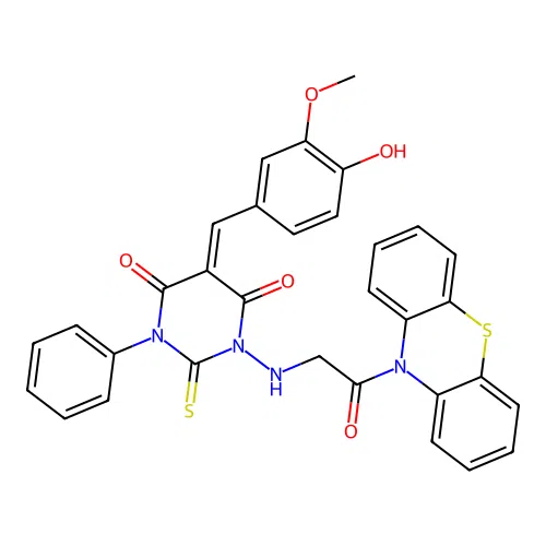 4,6(1H,5H)-Pyrimidinedione,dihydro-5-[(4-hydroxy-3-methoxyphenyl)methylene]-1-[[2-oxo-2-(10H-phenothiazin-10-yl)ethyl]amino]-3-phenyl-2-thioxo- structure
