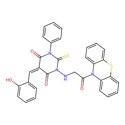 4,6(1H,5H)-Pyrimidinedione,dihydro-5-[(2-hydroxyphenyl)methylene]-1-[[2-oxo-2-(10H-phenothiazin-10-yl)ethyl]amino]-3-phenyl-2-thioxo- structure