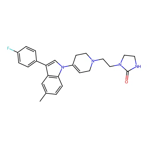 2-imidazolidinone,1-[2-[4-[3-(4-fluorophenyl)-5-methyl-1h-indol-1-yl]-3,6-dihydro-1(2h)-pyr idinyl]ethyl]- structure