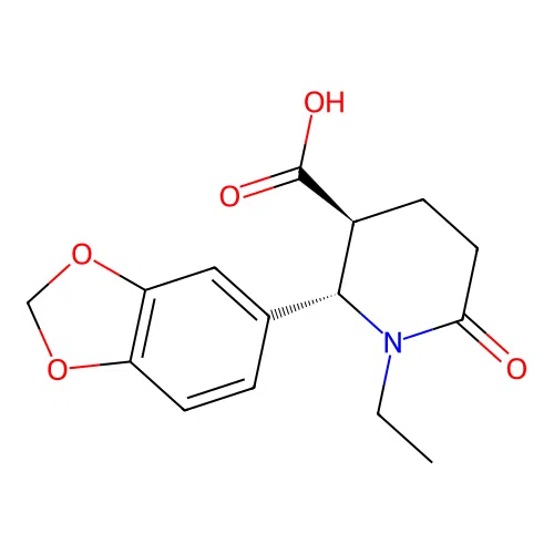 (2S,3S)-2-(1,3-benzodioxol-5-yl)-1-ethyl-6-oxopiperidine-3-carboxylic acid structure