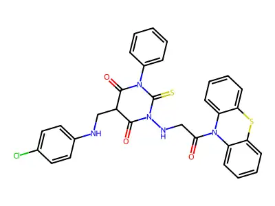 10H-Phenothiazine, 10-(((5-(((4-chlorophenyl)amino)methyl)tetrahydro-4,6-dioxo-3-phenyl-2-thioxo-1(2H)-pyrimidinyl)amino)acetyl)- structure