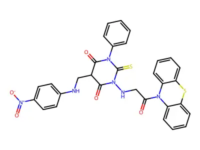 10H-Phenothiazine, 10-(((tetrahydro-5-(((4-nitrophenyl)amino)methyl)-4,6-dioxo-3-phenyl-2-thioxo-1(2H)-pyrimidinyl)amino)acetyl)- structure