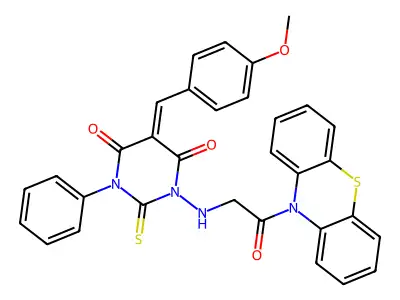 4,6(1H,5H)-Pyrimidinedione,dihydro-5-[(4-methoxyphenyl)methylene]-1-[[2-oxo-2-(10H-phenothiazin-10-yl)ethyl]amino]-3-phenyl-2-thioxo- structure