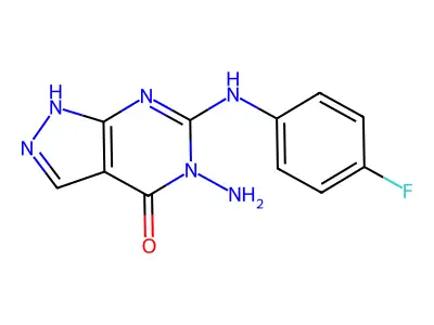 4H-Pyrazolo(3,4-d)pyrimidin-4-one, 1,5-dihydro-5-amino-6-((4-fluorophenyl)amino)- structure