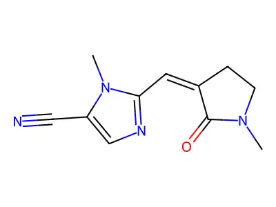 3-Methyl-2-[(1-methyl-2-oxopyrrolidin-3-ylidene)methyl]imidazole-4-carbonitrile structure